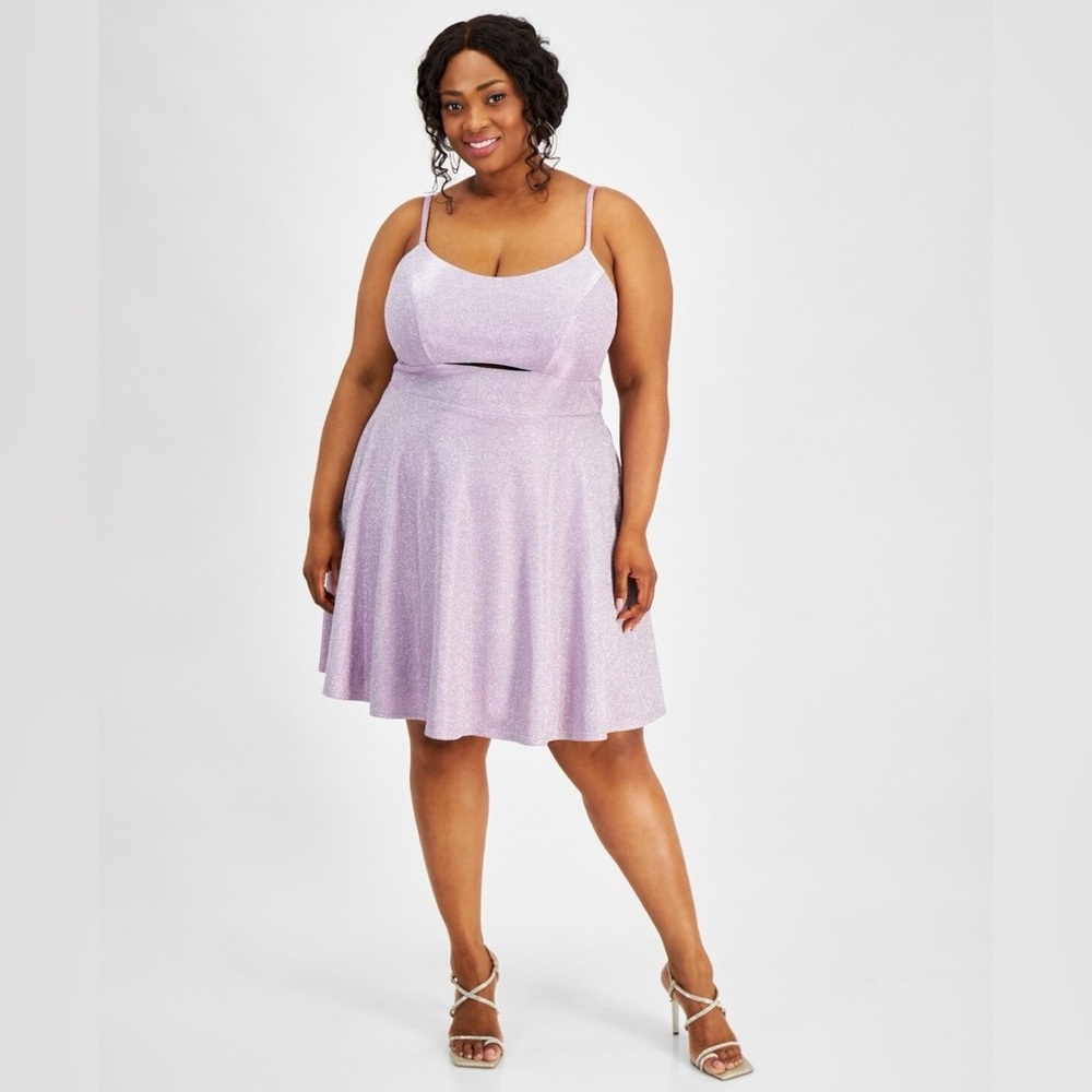 City Studios Trendy Plus Size Cutout Metallic Cocktail Dress, Lavender